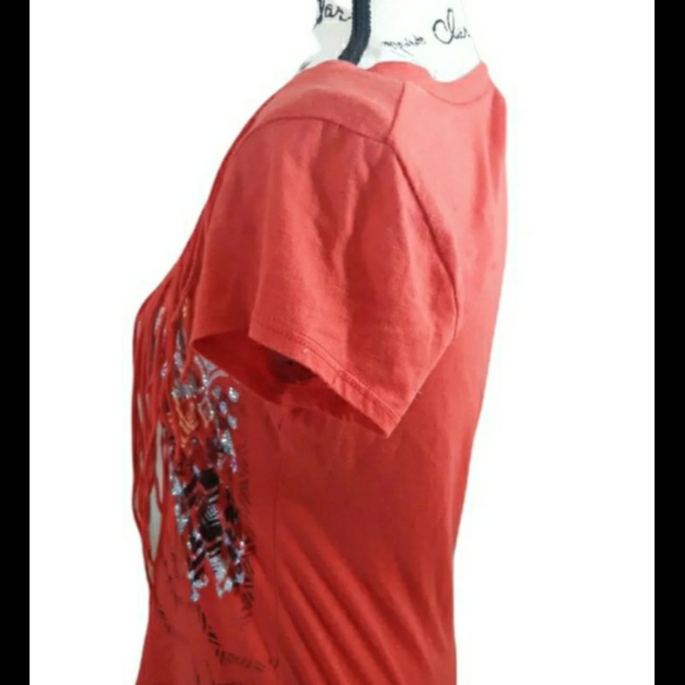 Womens sz Med Orange/Red silver tassel top short sleeve shirt nwotgs - Picture 4 of 8